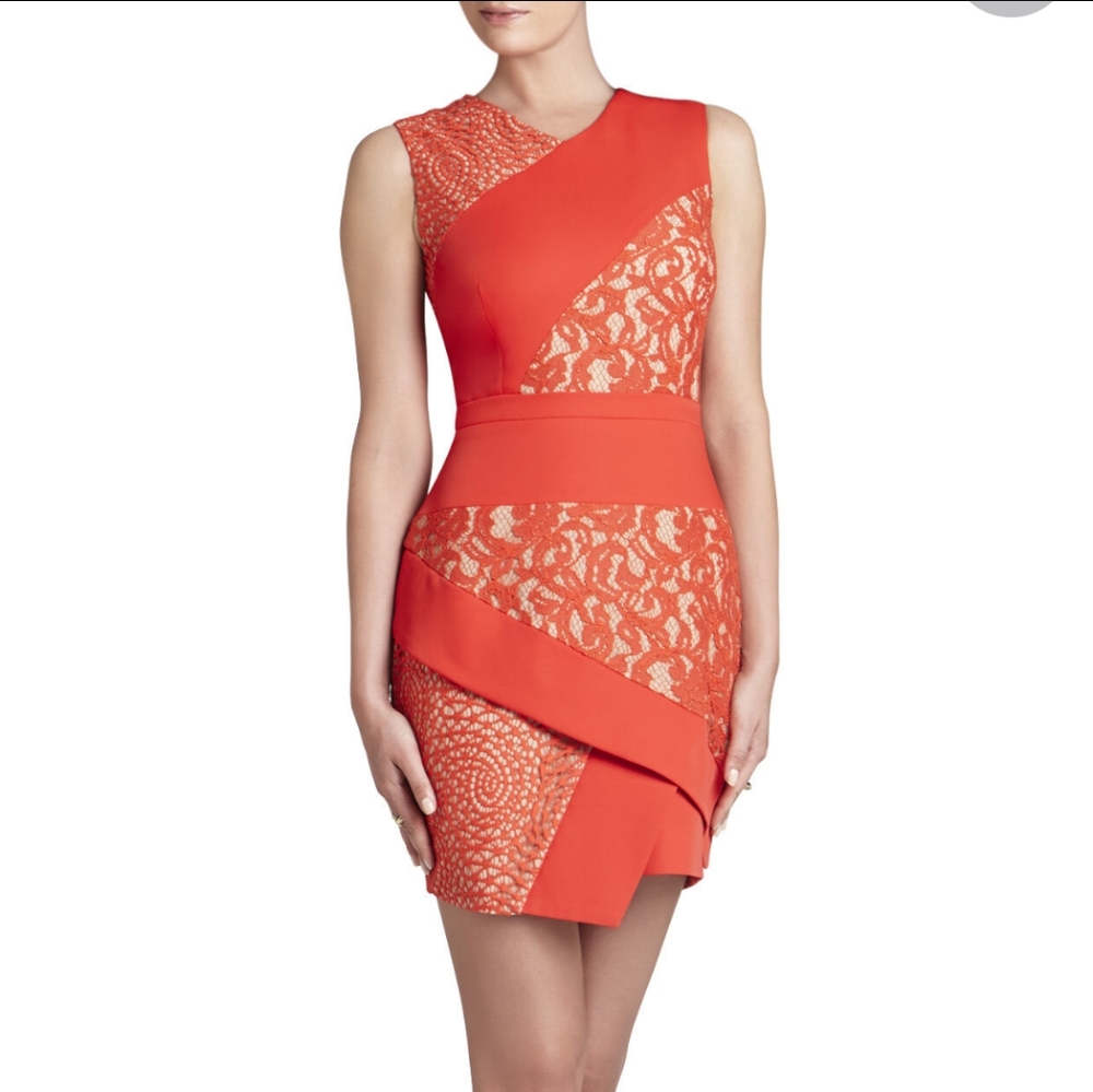 BCBG Max Azria Coral Asymmetrical Lace Mini Dress